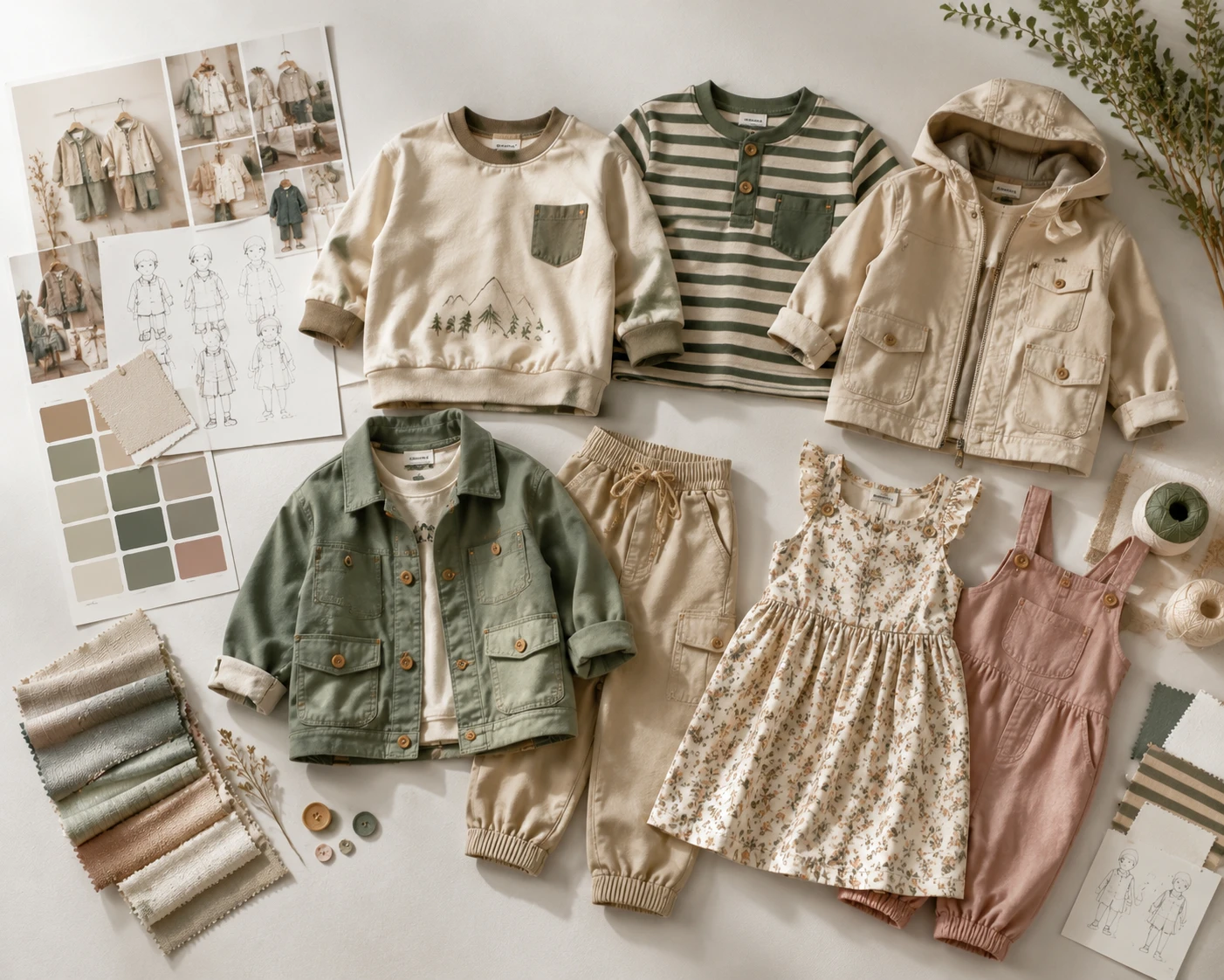 Kidswear OEM development workspace with garment samples and material cards