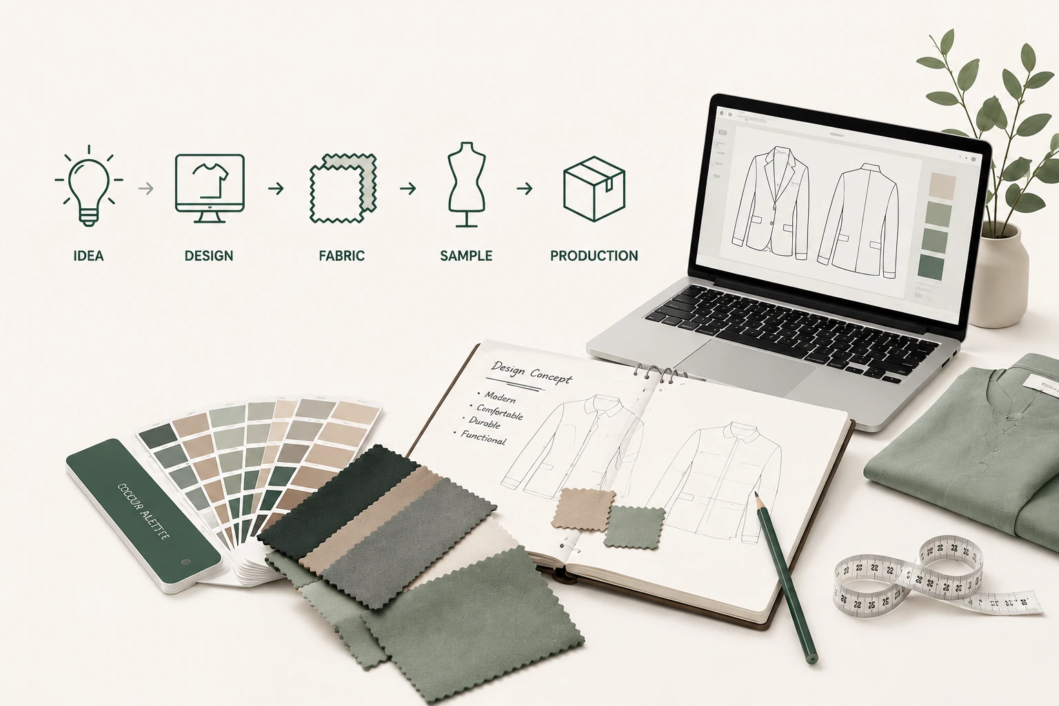 Apparel development workspace with design sketches, fabric samples and production process